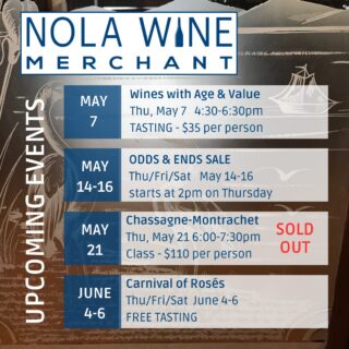 A tasting, a sale, a class and our annual Carnival of Rosés free tasting are the event highlights over the next several weeks for us!