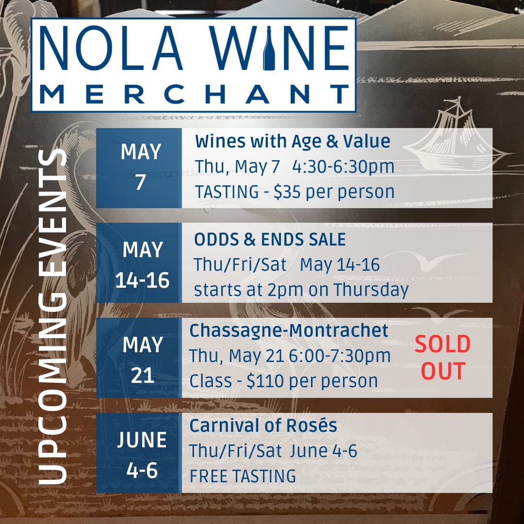 A tasting, a sale, a class and our annual Carnival of Rosés free tasting are the event highlights over the next several weeks for us!